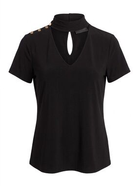 Ivanka Trump Black Short-Sleeve Mock Neck Top with Keyhole and Gold Buttons